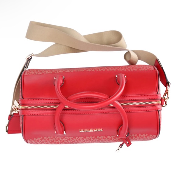 Michael Kors MK Jet Set Travel Medium Duffle Bag Satchel Bright Red MK Signature - Picture 7 of 7